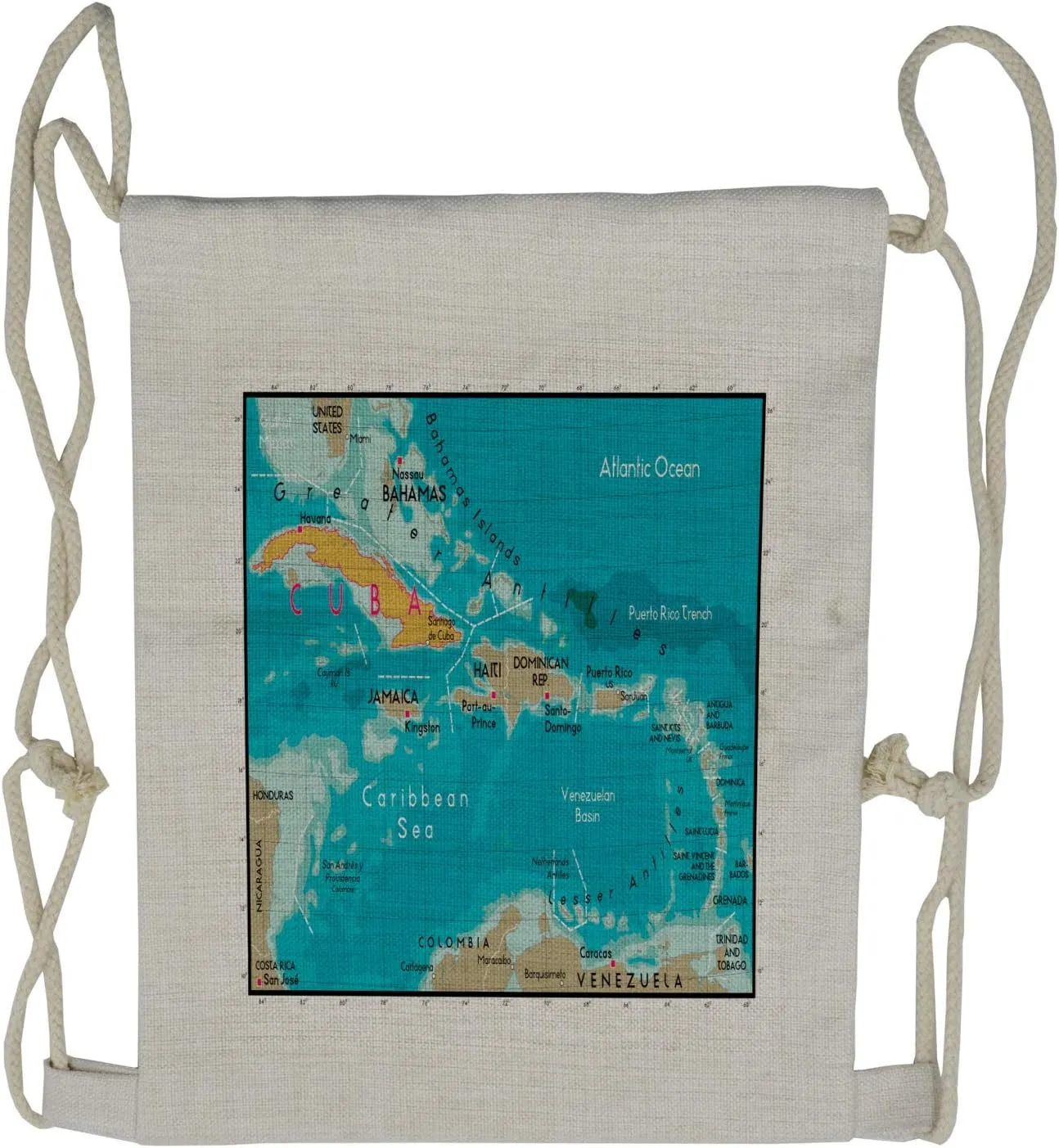 Lunarable Map Print Drawstring Backpack, Cuba and Caribbean Sea, Sackpack Bag