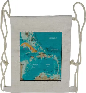 Lunarable Map Print Drawstring Backpack, Cuba and Caribbean Sea, Sackpack Bag