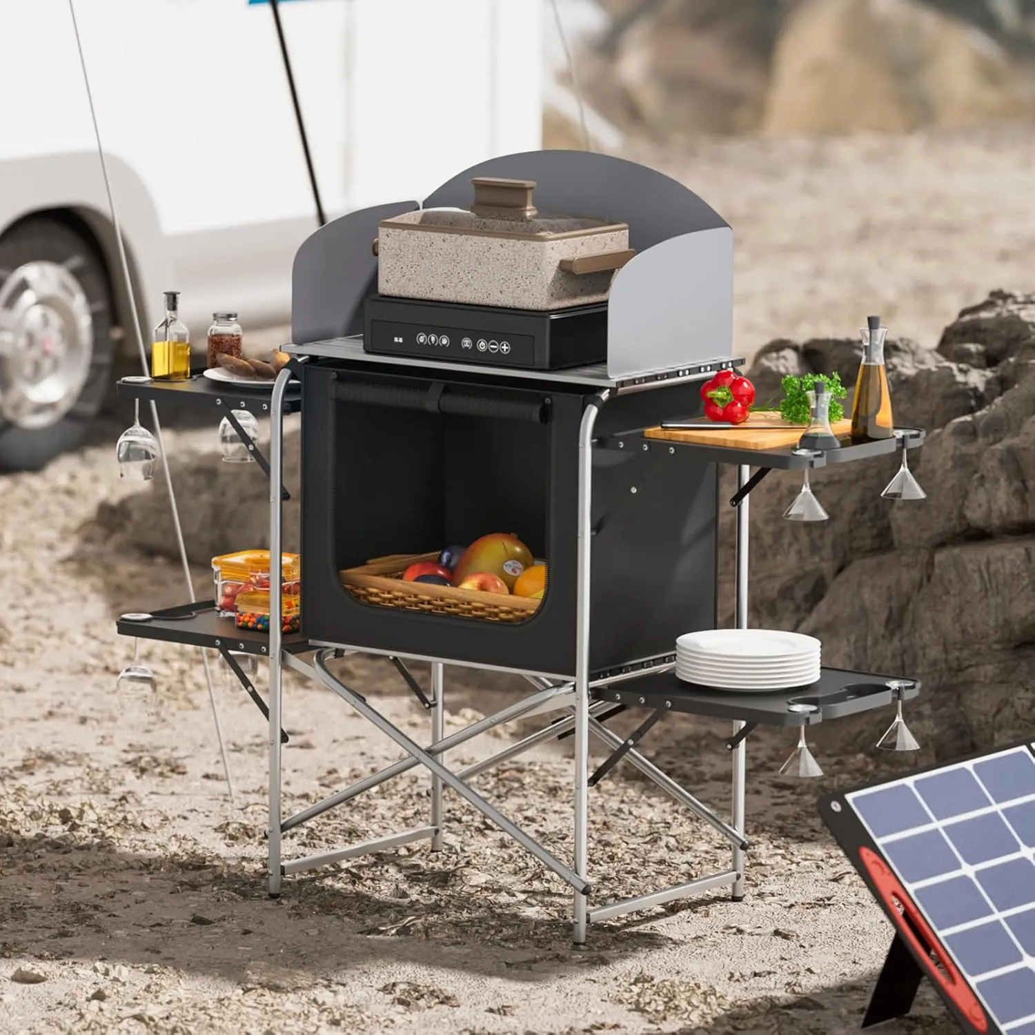 Magshion Folding Aluminum Camping Table, Portable Grill Table with Detachable Windscreen, Lightweight Outdoor Kitchen Table for Camping, Picnics and BBQ, Silver