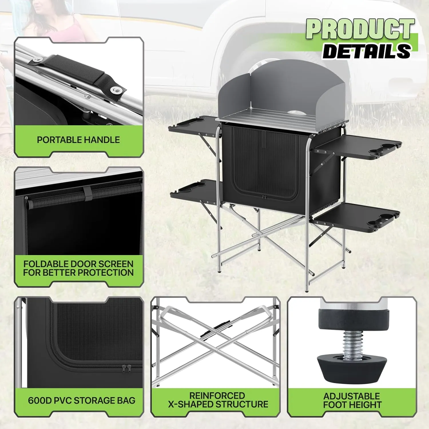 Magshion Folding Aluminum Camping Table, Portable Grill Table with Detachable Windscreen, Lightweight Outdoor Kitchen Table for Camping, Picnics and BBQ, Silver