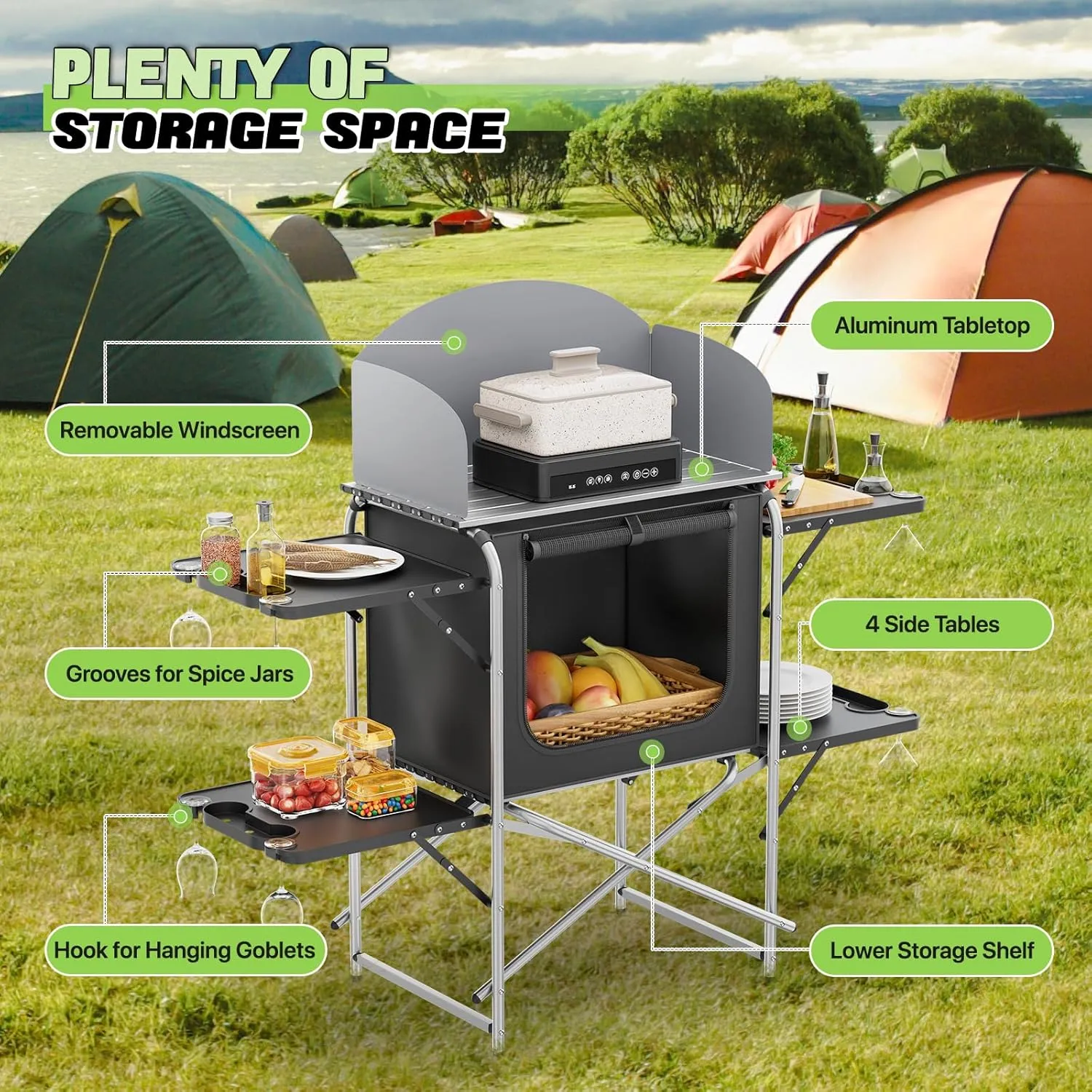 Magshion Folding Aluminum Camping Table, Portable Grill Table with Detachable Windscreen, Lightweight Outdoor Kitchen Table for Camping, Picnics and BBQ, Silver