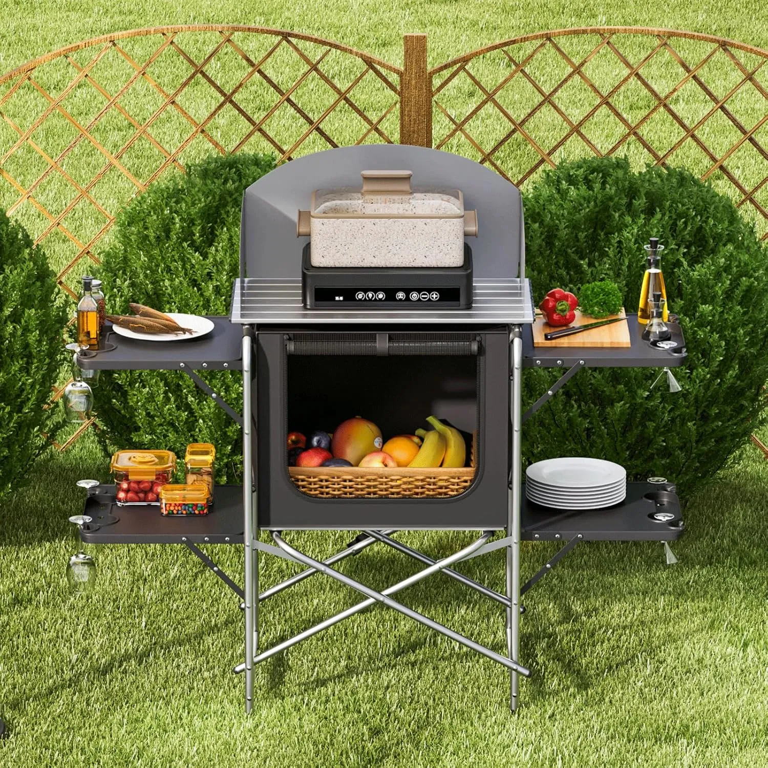 Magshion Folding Aluminum Camping Table, Portable Grill Table with Detachable Windscreen, Lightweight Outdoor Kitchen Table for Camping, Picnics and BBQ, Silver