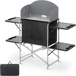 Magshion Folding Aluminum Camping Table, Portable Grill Table with Detachable Windscreen, Lightweight Outdoor Kitchen Table for Camping, Picnics and BBQ, Silver