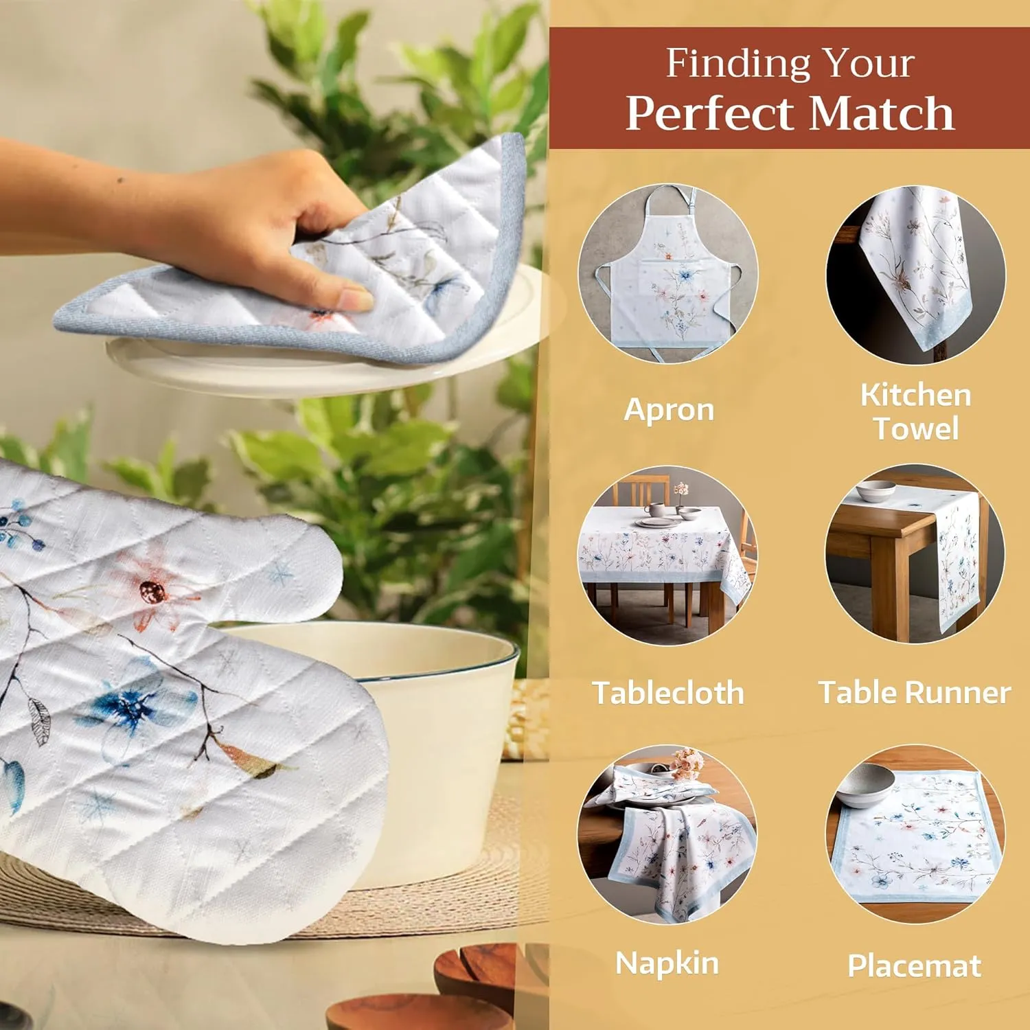 Maison d' Hermine 100% Cotton Oven Mitt & Pot Holder Set (7.5"x13" & 8"x8") Heat Resistant BBQ Cooking Gloves with Loop, Baking, Grilling, Kitchen, Handling Hot Pans (Ice Florals)