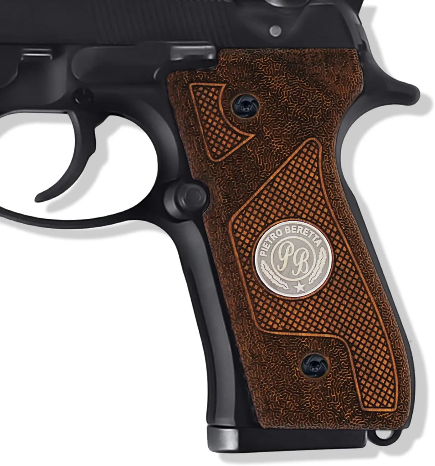 Mammoth Beretta 92/96 Full Size Wood Grips, Super Quality CNC/Handcrafted Hybrid Superior Design with Unique Medallion - Premium Pistol Grip Accessories for Models, BROWN AND SILVER