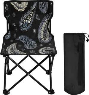 Mandala Black Flower Pattern Portable Outdoor Folding Chair Anti-Slip Padded Oxford Cloth Stool Camping Chair Small for Beach Hiking Fishing Gardening Quad Camp Chair