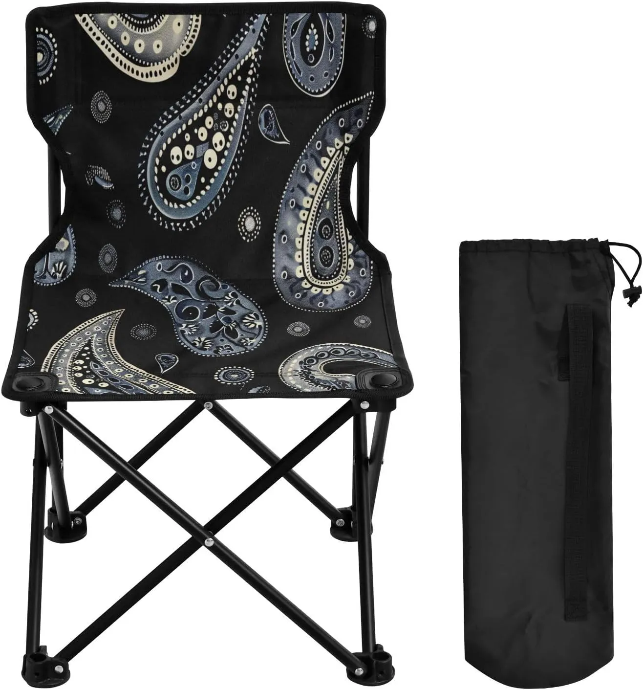 Mandala Black Flower Pattern Portable Outdoor Folding Chair Anti-Slip Padded Oxford Cloth Stool Camping Chair Small for Beach Hiking Fishing Gardening Quad Camp Chair