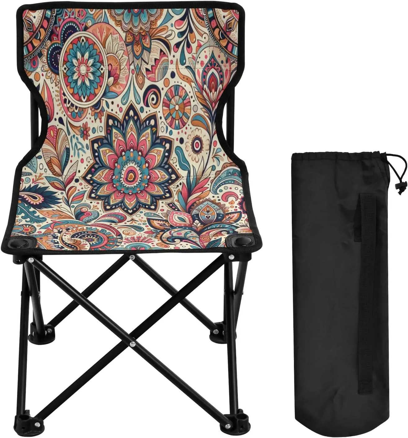 Mandala Flower Texture Portable Outdoor Folding Chair Anti-Slip Padded Oxford Cloth Stool Camping Chair Small for Beach Hiking Fishing Gardening Quad Camp Chair