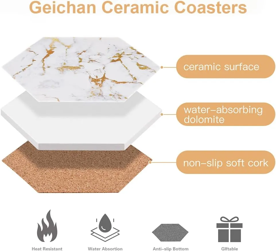 Marble Gold Coasters for Drinks Absorbent with Cork Base, 6pcs Drink Coasters for Wooden Table with Metal Holder, Gold Ceramic Cup Coaster Set Home Decor for Tabletop Protection