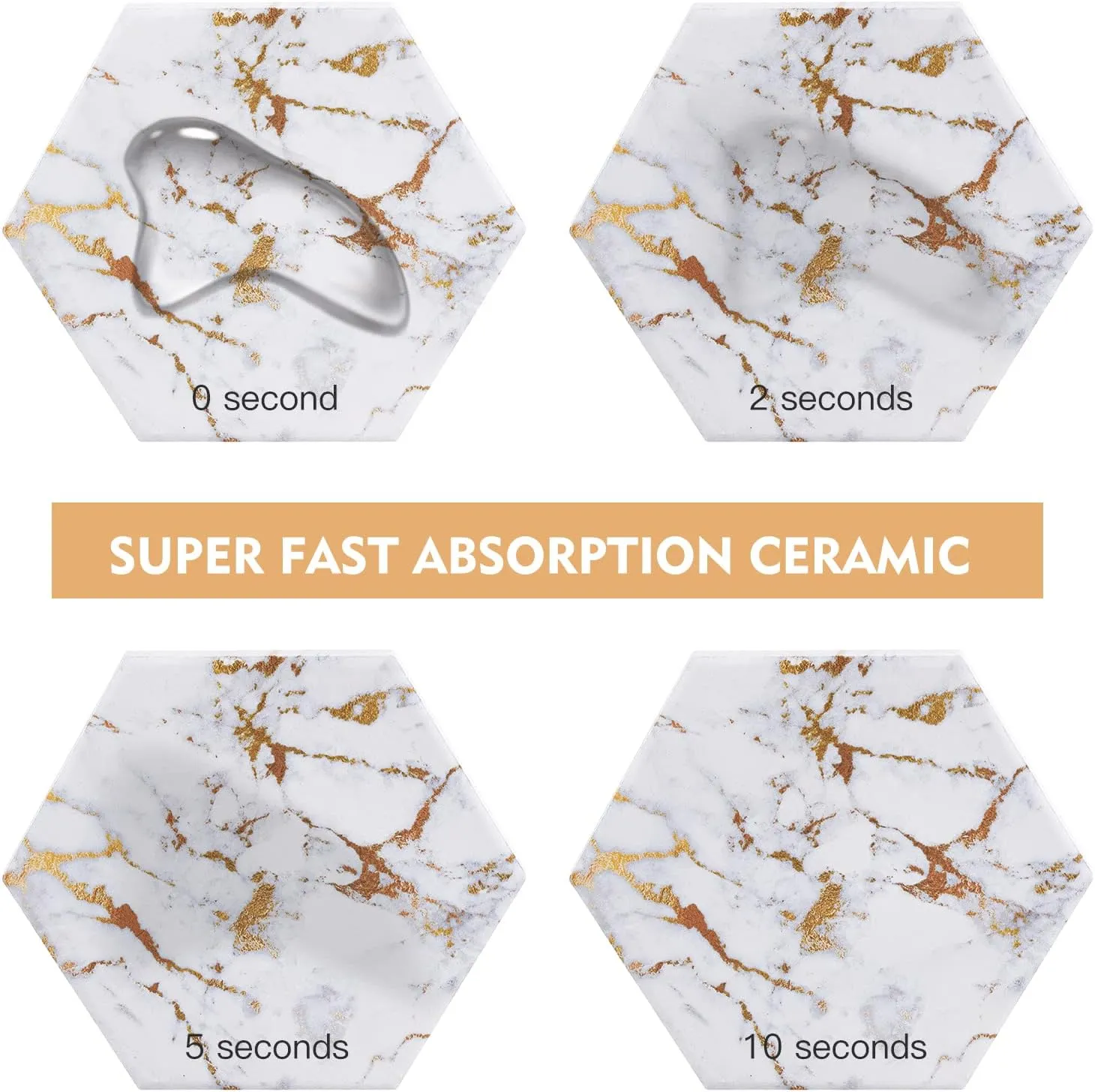 Marble Gold Coasters for Drinks Absorbent with Cork Base, 6pcs Drink Coasters for Wooden Table with Metal Holder, Gold Ceramic Cup Coaster Set Home Decor for Tabletop Protection