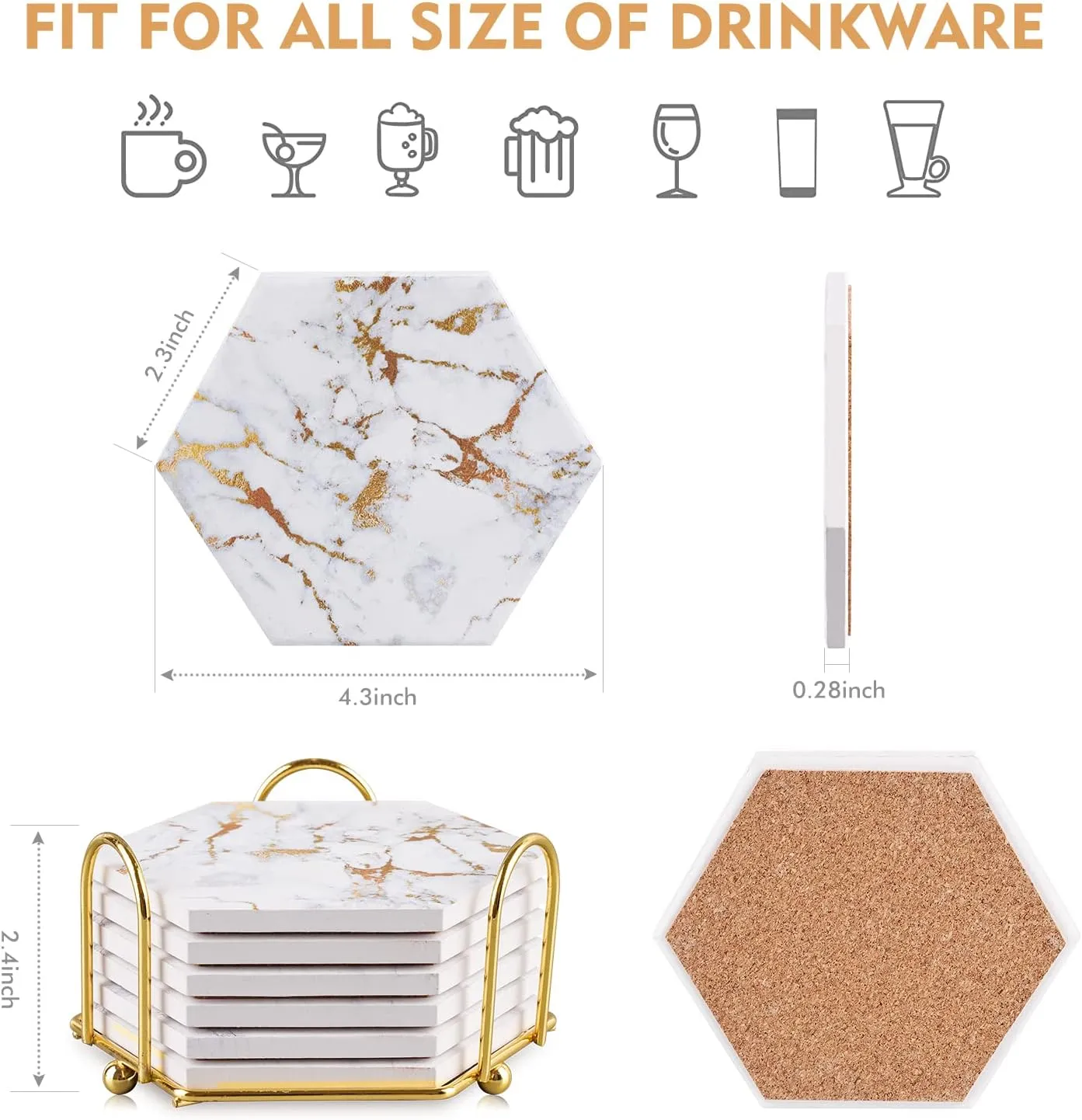 Marble Gold Coasters for Drinks Absorbent with Cork Base, 6pcs Drink Coasters for Wooden Table with Metal Holder, Gold Ceramic Cup Coaster Set Home Decor for Tabletop Protection