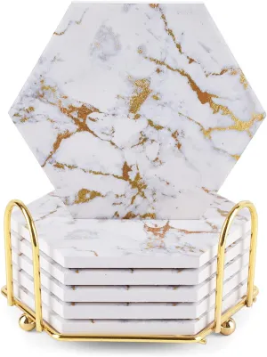 Marble Gold Coasters for Drinks Absorbent with Cork Base, 6pcs Drink Coasters for Wooden Table with Metal Holder, Gold Ceramic Cup Coaster Set Home Decor for Tabletop Protection
