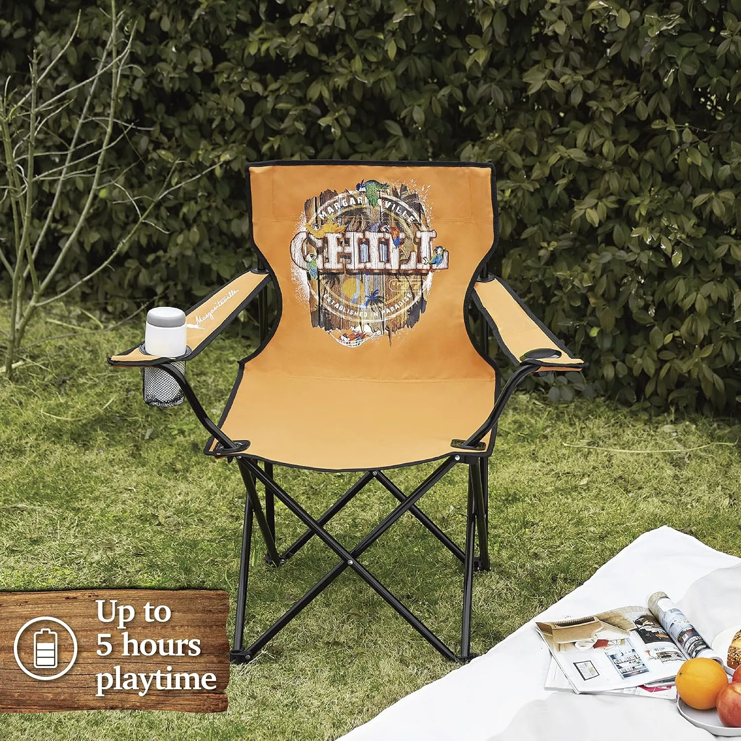 Margaritaville Folding Chair with Wireless Speakers, Beach Chair with Waterproof Wireless Speakers, 5 Hour Playback Time, 20 Foot Bluetooth Range, Cup Holder, Backpack, Padded Head and Neck Rest
