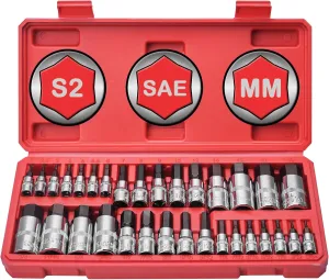 Master Hex Bit Socket Set 32-Piece, Allen Socket Set, 1/4'', 3/8”& 1/2'' Hex Drive Sockets, SAE & Metric, S2 Alloy Steel Combine with Cr-V, 5/64” to 3/4”，2mm to 19mm