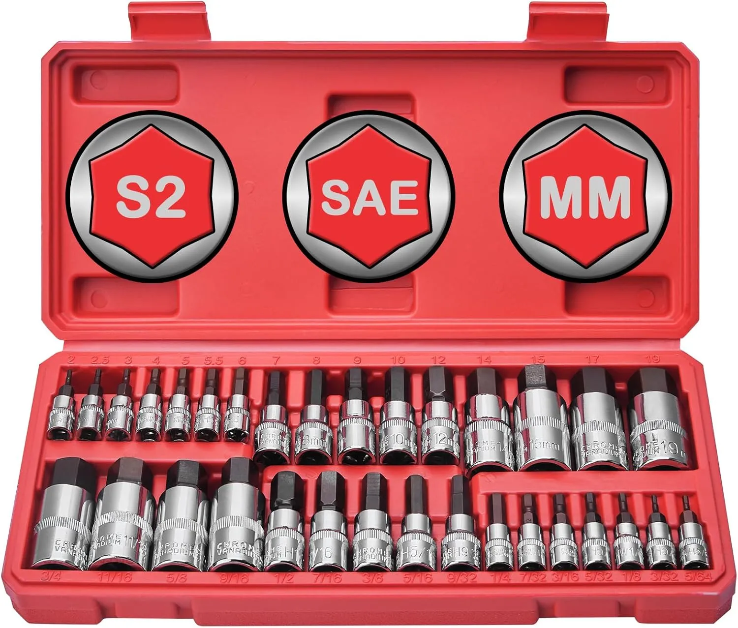 Master Hex Bit Socket Set 32-Piece, Allen Socket Set, 1/4'', 3/8”& 1/2'' Hex Drive Sockets, SAE & Metric, S2 Alloy Steel Combine with Cr-V, 5/64” to 3/4”，2mm to 19mm
