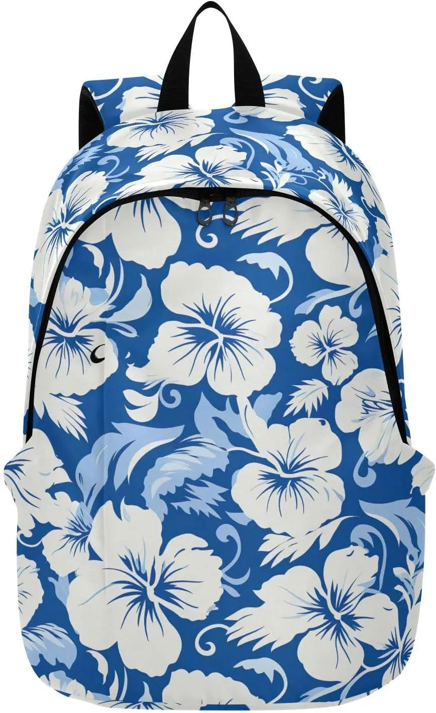 MCHIVER Travel Backpack Blue Leaves Hibiscus Florals Casual Daypack Backpacks Lightweight Carry on Bag Water Resistant Hiking Backpack for Women Men