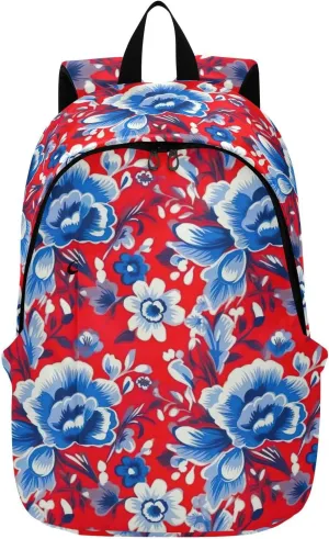 MCHIVER Travel Backpack Blue Red Florals Casual Daypack Backpacks Lightweight Carry on Bag Water Resistant Hiking Backpack for Women and Men