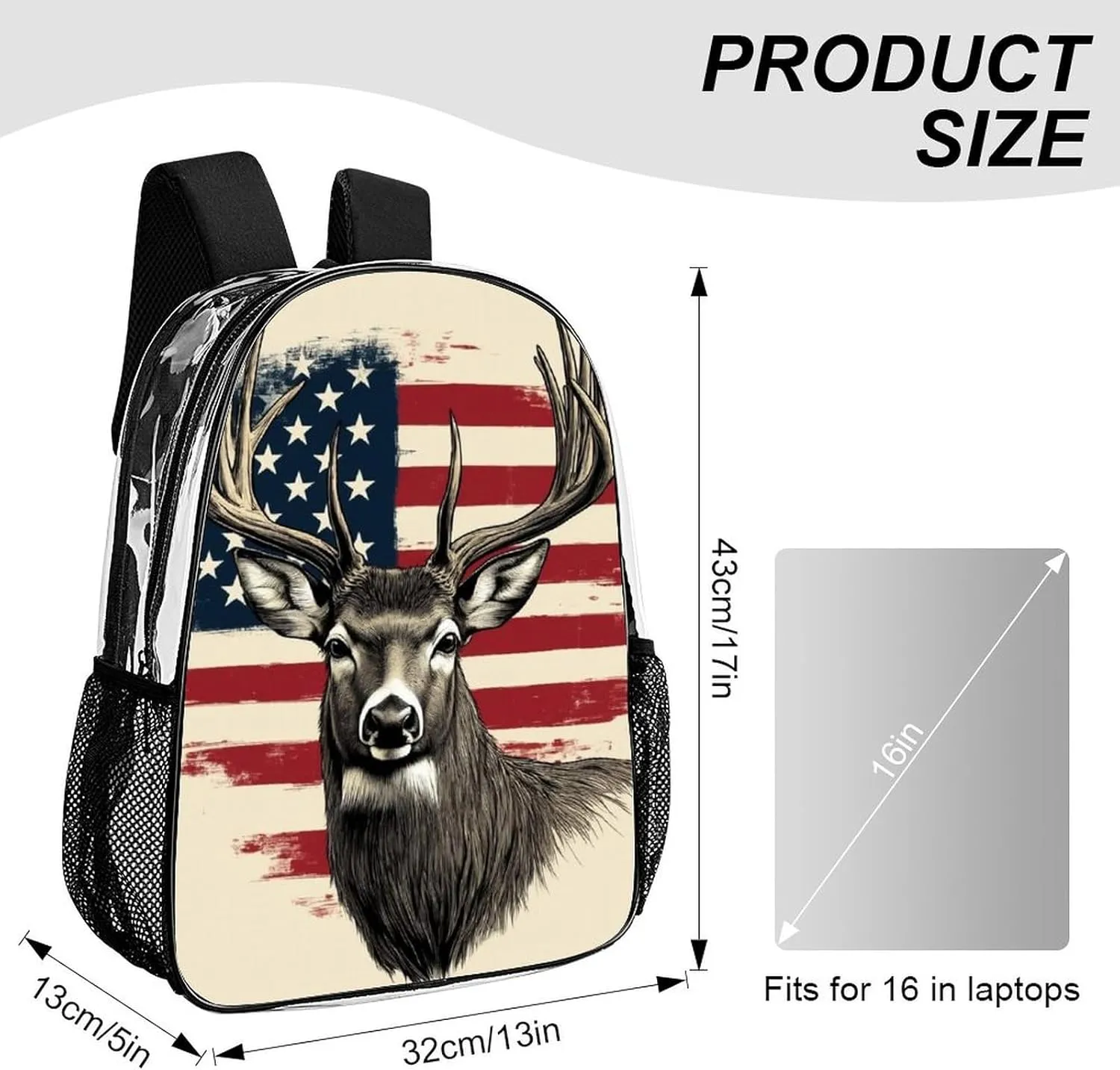 Men & Women Lightweight American Us Flag Hunting Camo Deer Casual Daypack Large Capacity Bookbag Transparent Bag for Gym Business Bicycle