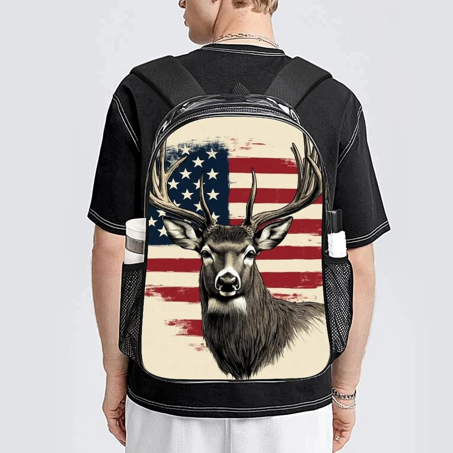 Men & Women Lightweight American Us Flag Hunting Camo Deer Casual Daypack Large Capacity Bookbag Transparent Bag for Gym Business Bicycle