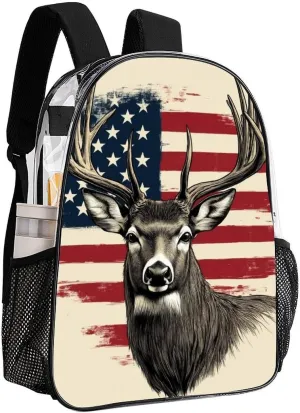 Men & Women Lightweight American Us Flag Hunting Camo Deer Casual Daypack Large Capacity Bookbag Transparent Bag for Gym Business Bicycle