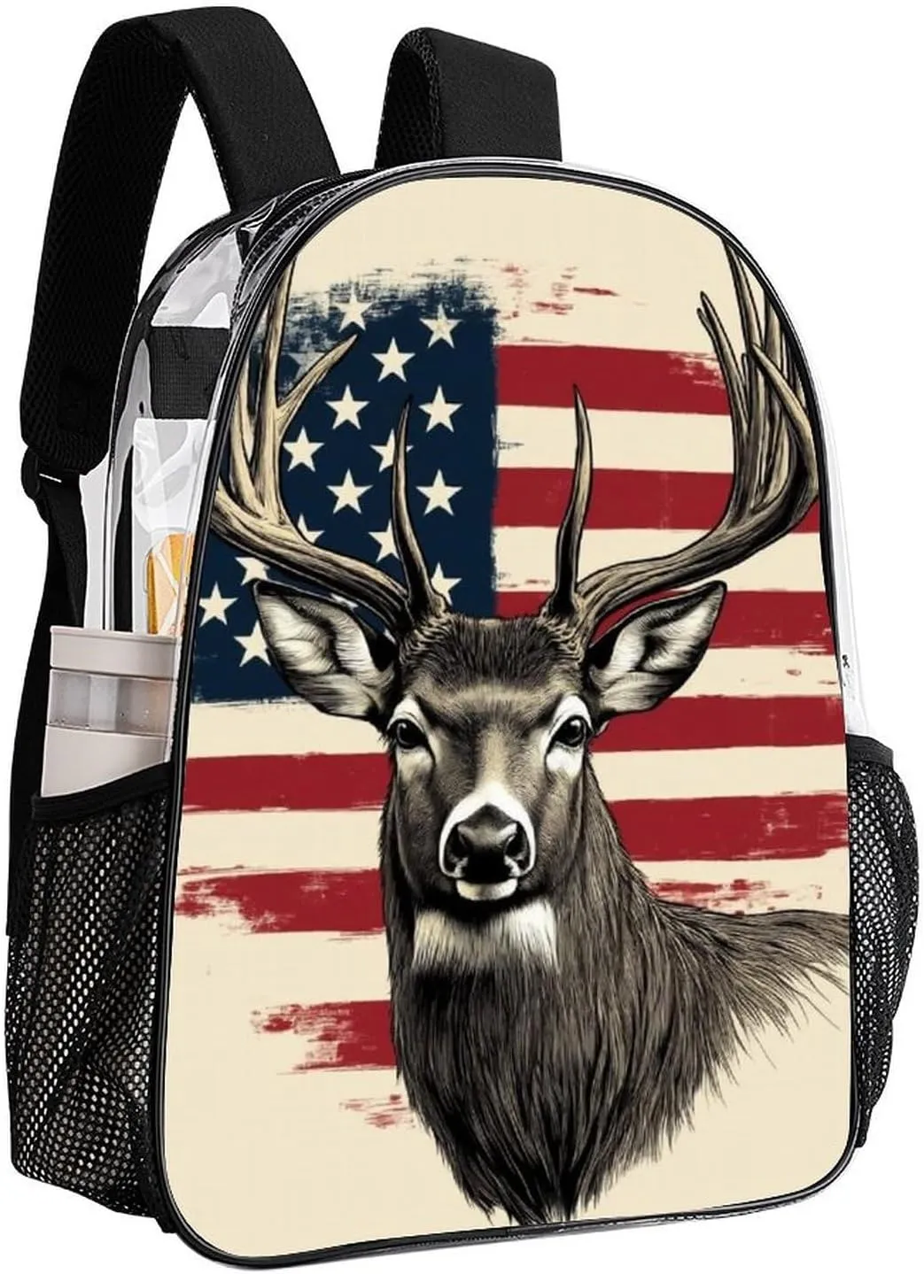 Men & Women Lightweight American Us Flag Hunting Camo Deer Casual Daypack Large Capacity Bookbag Transparent Bag for Gym Business Bicycle