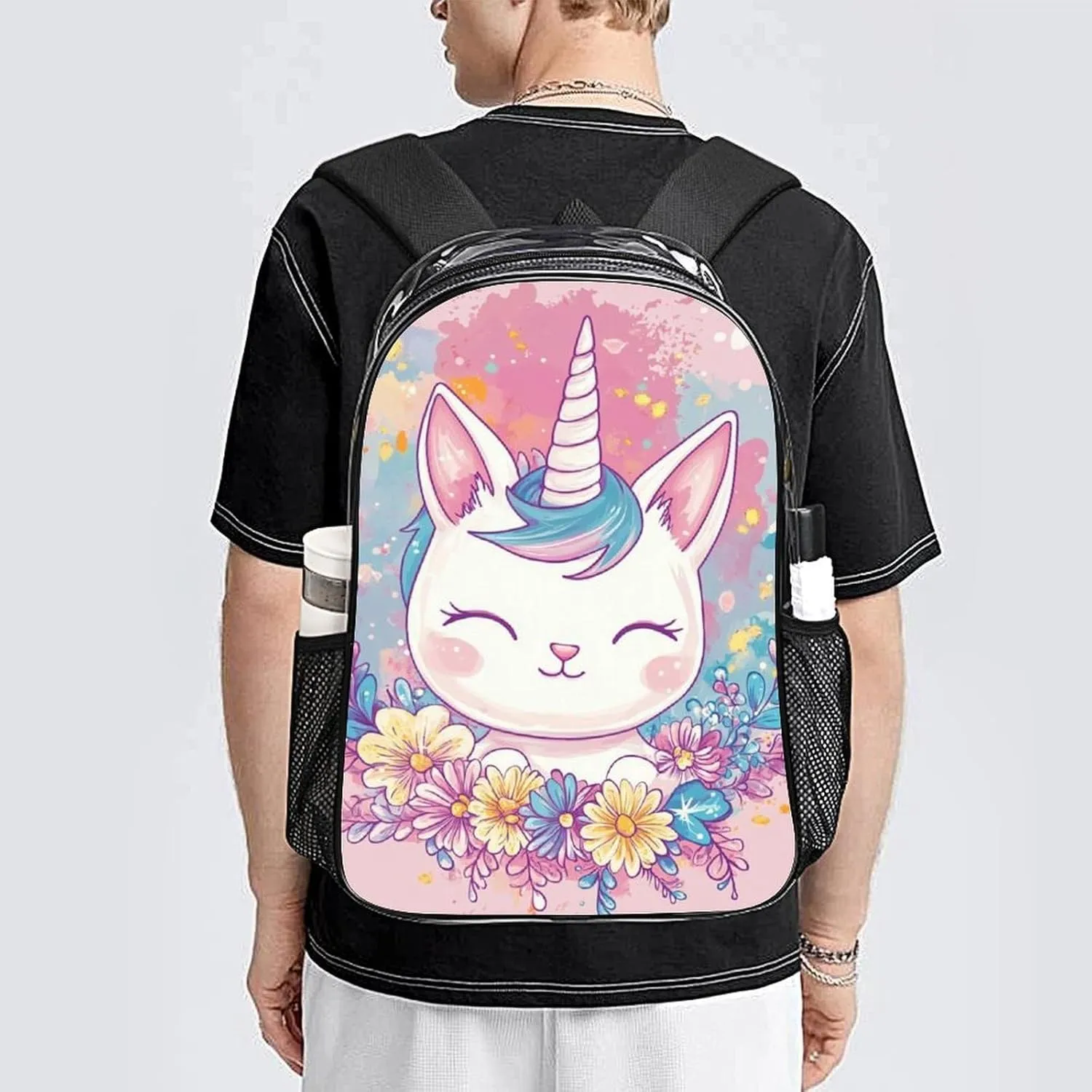 Men Women Lightweight Cute Unicorns With Floral Wreath Backpack Large Capacity Bookbag Transparent Bag for Gym Business Running