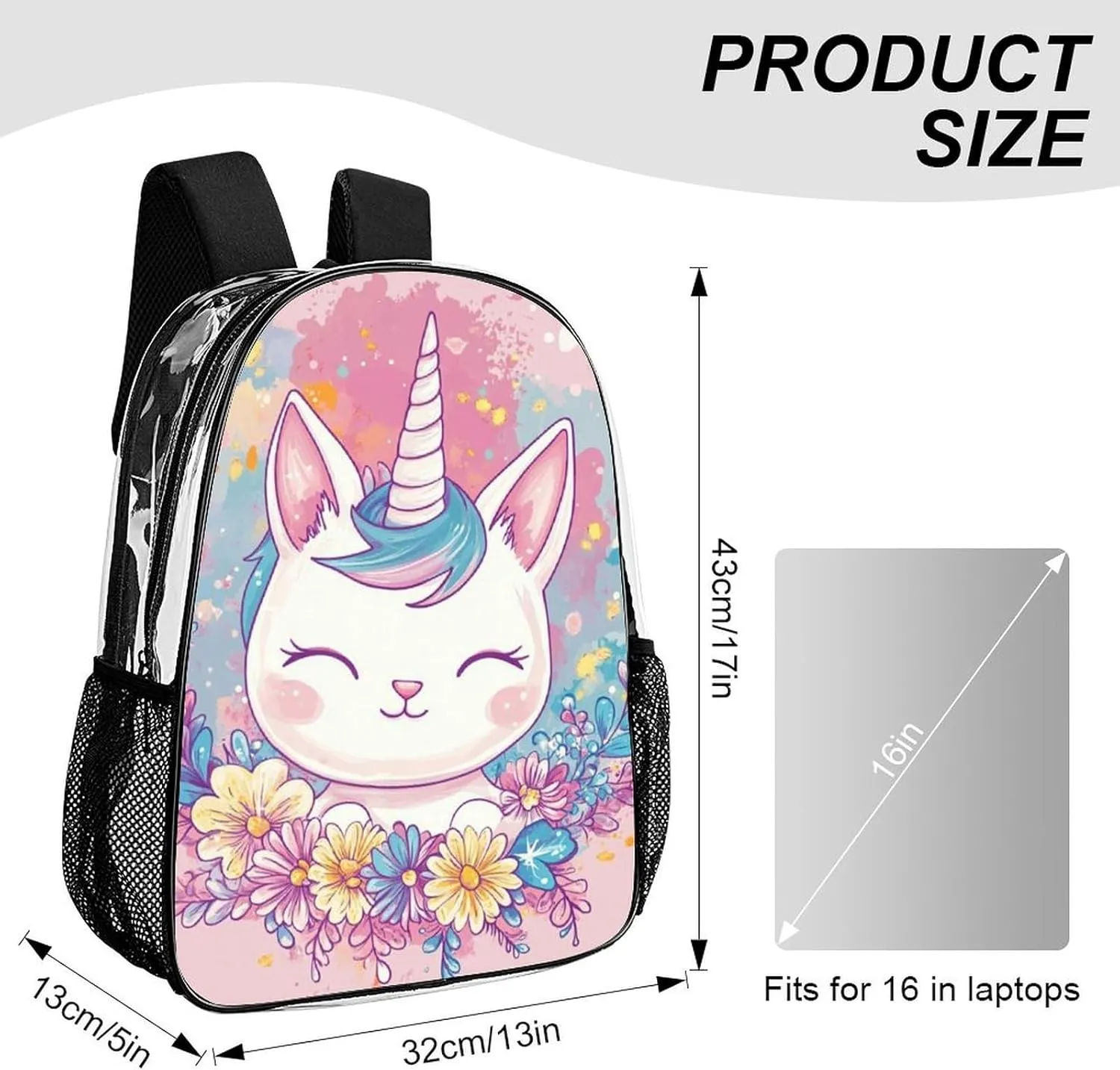 Men Women Lightweight Cute Unicorns With Floral Wreath Backpack Large Capacity Bookbag Transparent Bag for Gym Business Running