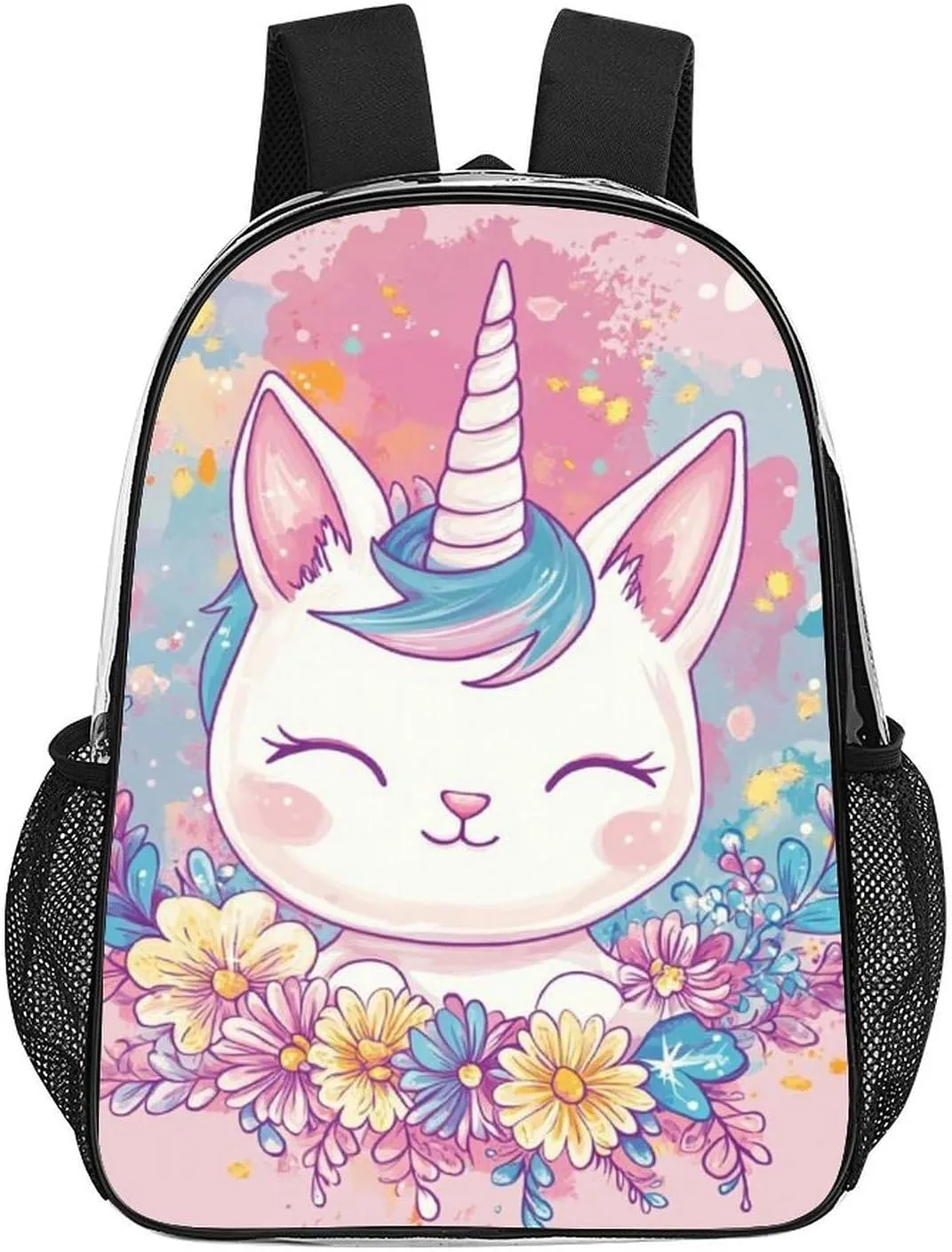 Men Women Lightweight Cute Unicorns With Floral Wreath Backpack Large Capacity Bookbag Transparent Bag for Gym Business Running