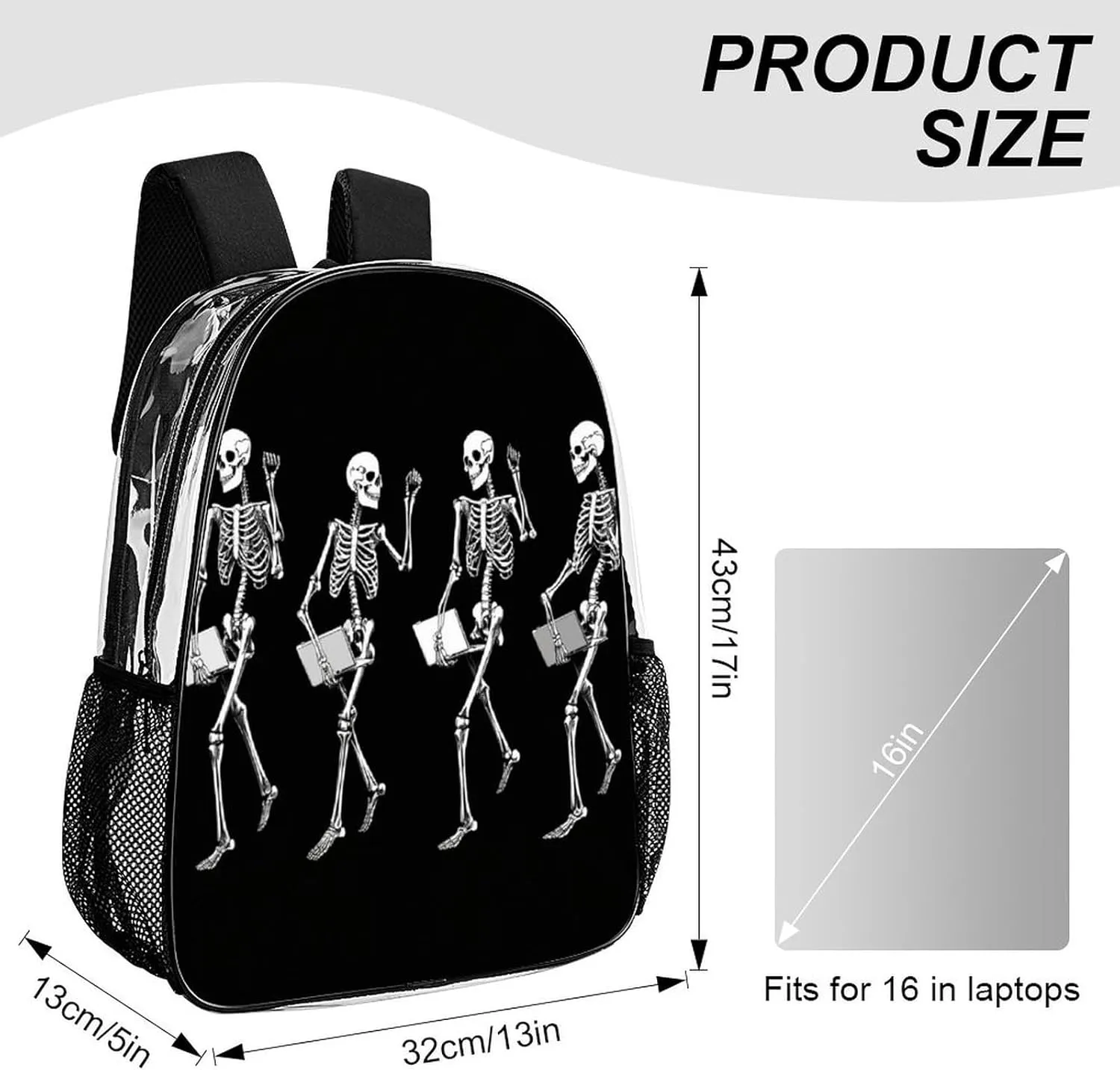 Men Women Lightweight Halloween Funny Skeleton Skull Black And White Daypack Bookbag Big Capacity Carry On Bag Transparent Bag for Camping Travel Bicycle