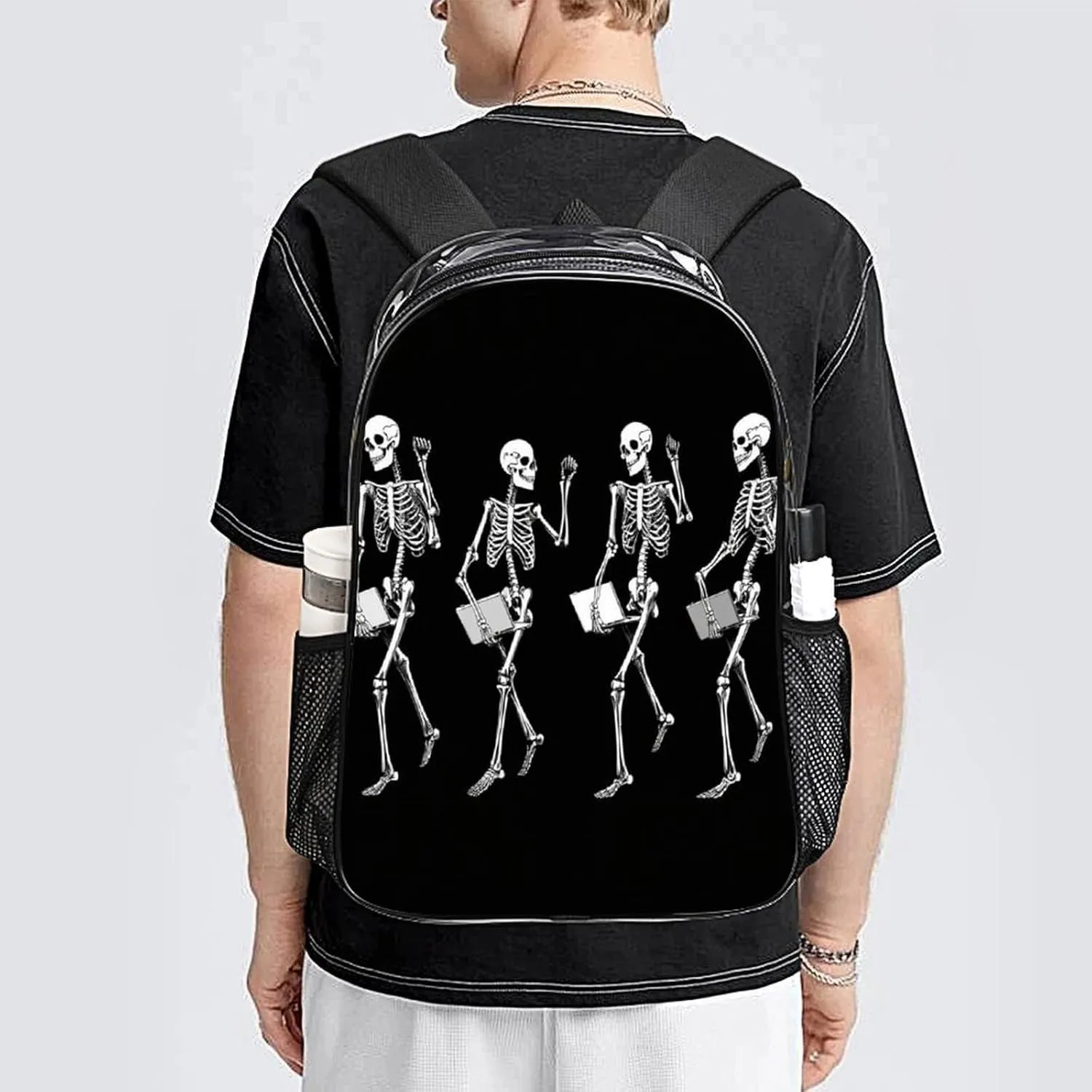 Men Women Lightweight Halloween Funny Skeleton Skull Black And White Daypack Bookbag Big Capacity Carry On Bag Transparent Bag for Camping Travel Bicycle