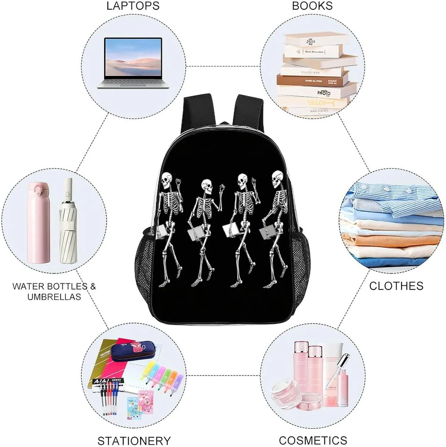 Men Women Lightweight Halloween Funny Skeleton Skull Black And White Daypack Bookbag Big Capacity Carry On Bag Transparent Bag for Camping Travel Bicycle