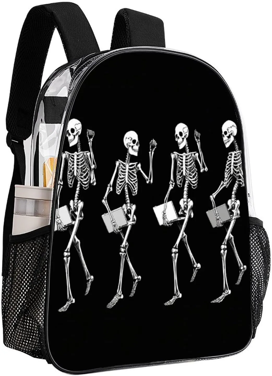 Men Women Lightweight Halloween Funny Skeleton Skull Black And White Daypack Bookbag Big Capacity Carry On Bag Transparent Bag for Camping Travel Bicycle