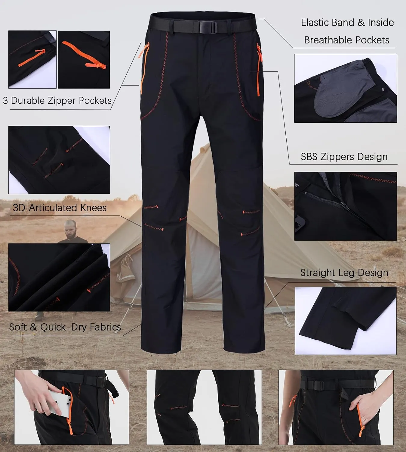 Men's Hiking Cargo Pants Quick-Dry Outdoor Water Resistant Lightweight Mountain Breathable Zipper Pocket Work Pants