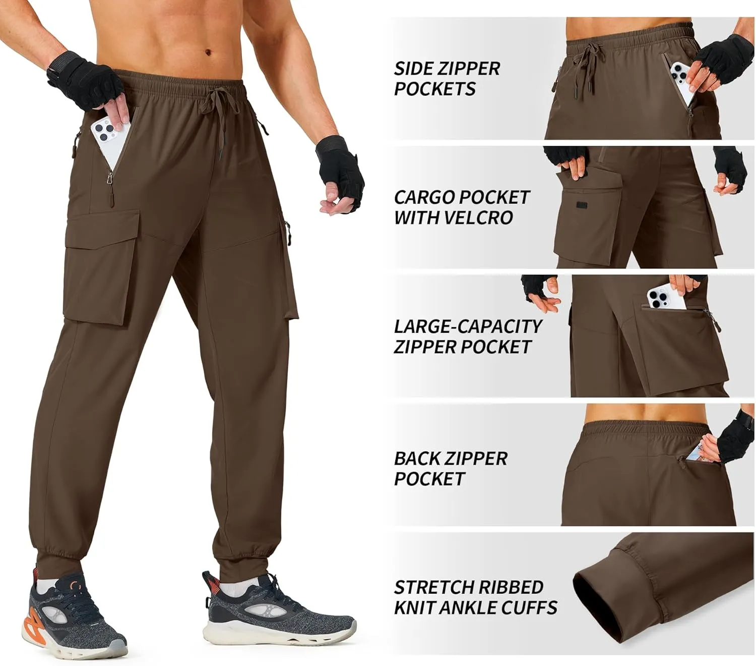 Men's Hiking Pants Cargo Lightweight Quick Dry Elastic Waist Golf Joggers with Zipper Pockets Water Resistant