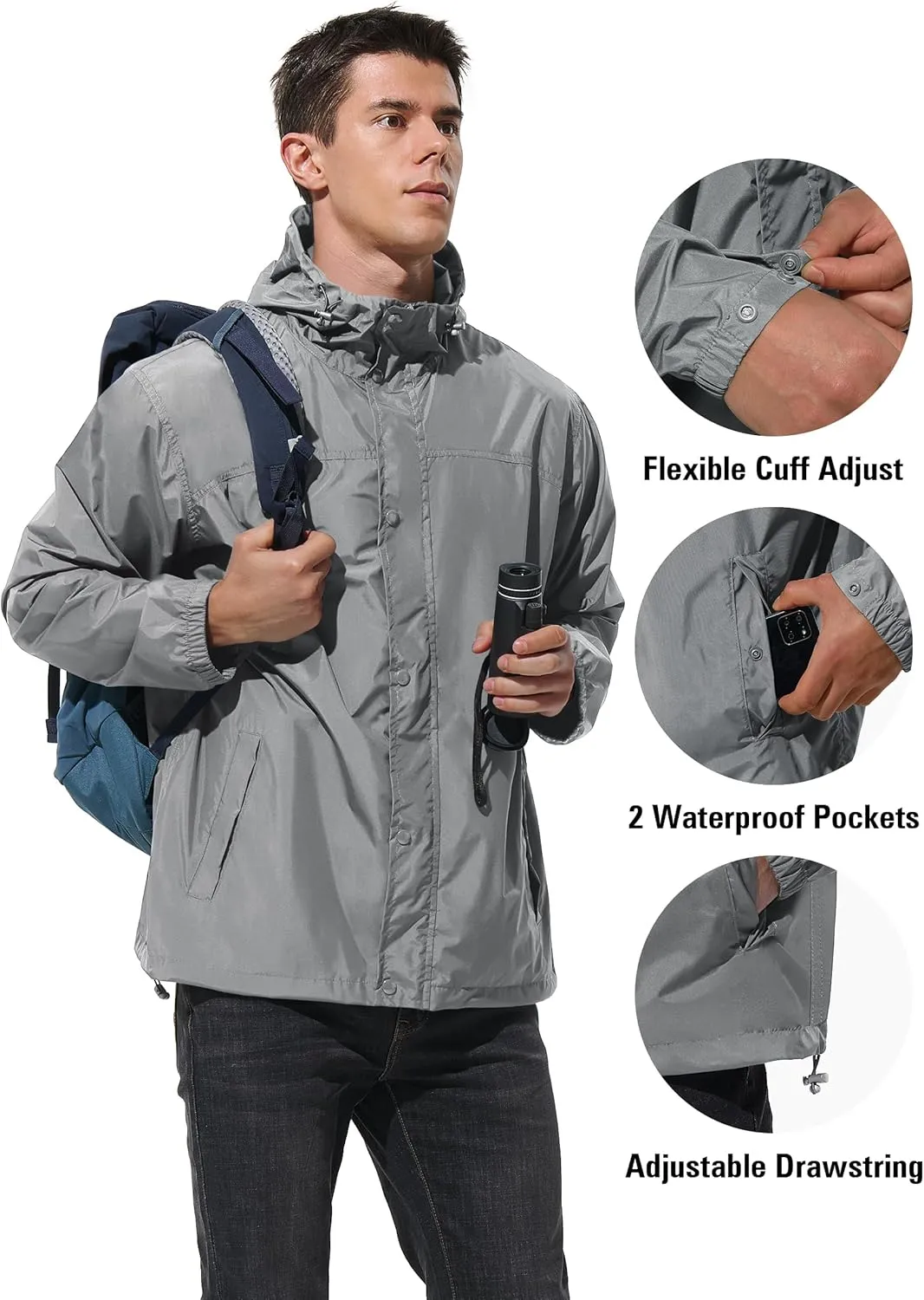 Mens Lightweight Rain Jacket Waterproof Windbreaker Packable Rain Coat with Hood for Golf Running Hiking Travel