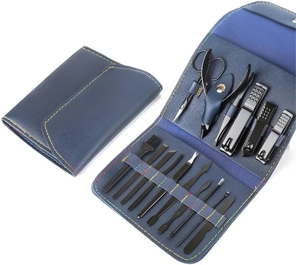 Mens Manicure Set Mens Grooming Kit Home Nail Clipper 16 Piece Set Large Opening Manicure Tool Unisex Mini Compact Gift Eyebrow Clip Tweezers(Blue)