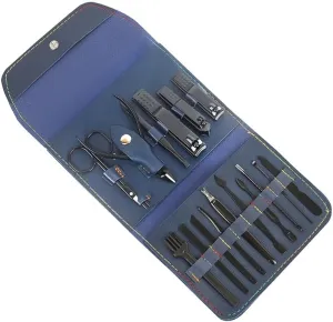 Mens Manicure Set Mens Grooming Kit Home Nail Clipper 16 Piece Set Large Opening Manicure Tool Unisex Mini Compact Gift Eyebrow Clip Tweezers(Blue)