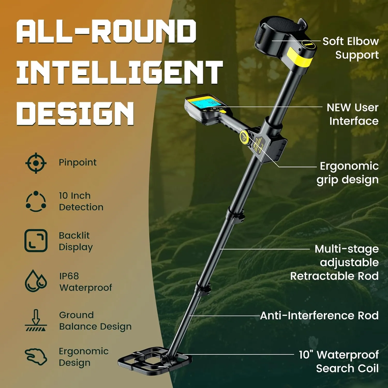 Metal Detector for Adults Waterproof - 2000mAh Chargeable Professional Cordless Gold Detector with LCD Display, Retractable Foldable Higher Accuracy Metal Detector with 10" IP68 Coil - OKESAM