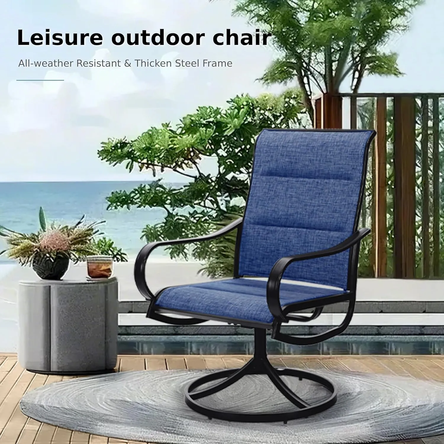 MFSTUDIO Outdoor Swivel Patio Dining Chairs Set of 4, High Back Padded Textilene Patio Chairs for Balcony, Backyad, Deck, Garden (Padded Navy Fabric,Black Frame)