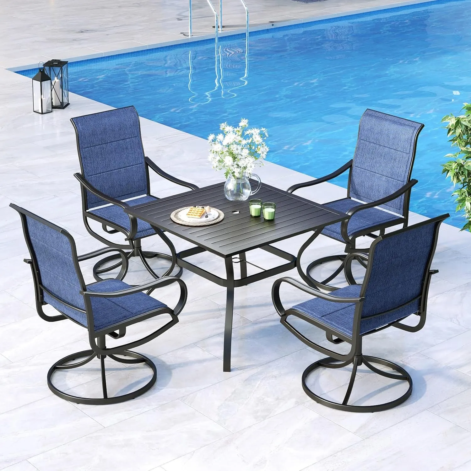 MFSTUDIO Outdoor Swivel Patio Dining Chairs Set of 4, High Back Padded Textilene Patio Chairs for Balcony, Backyad, Deck, Garden (Padded Navy Fabric,Black Frame)