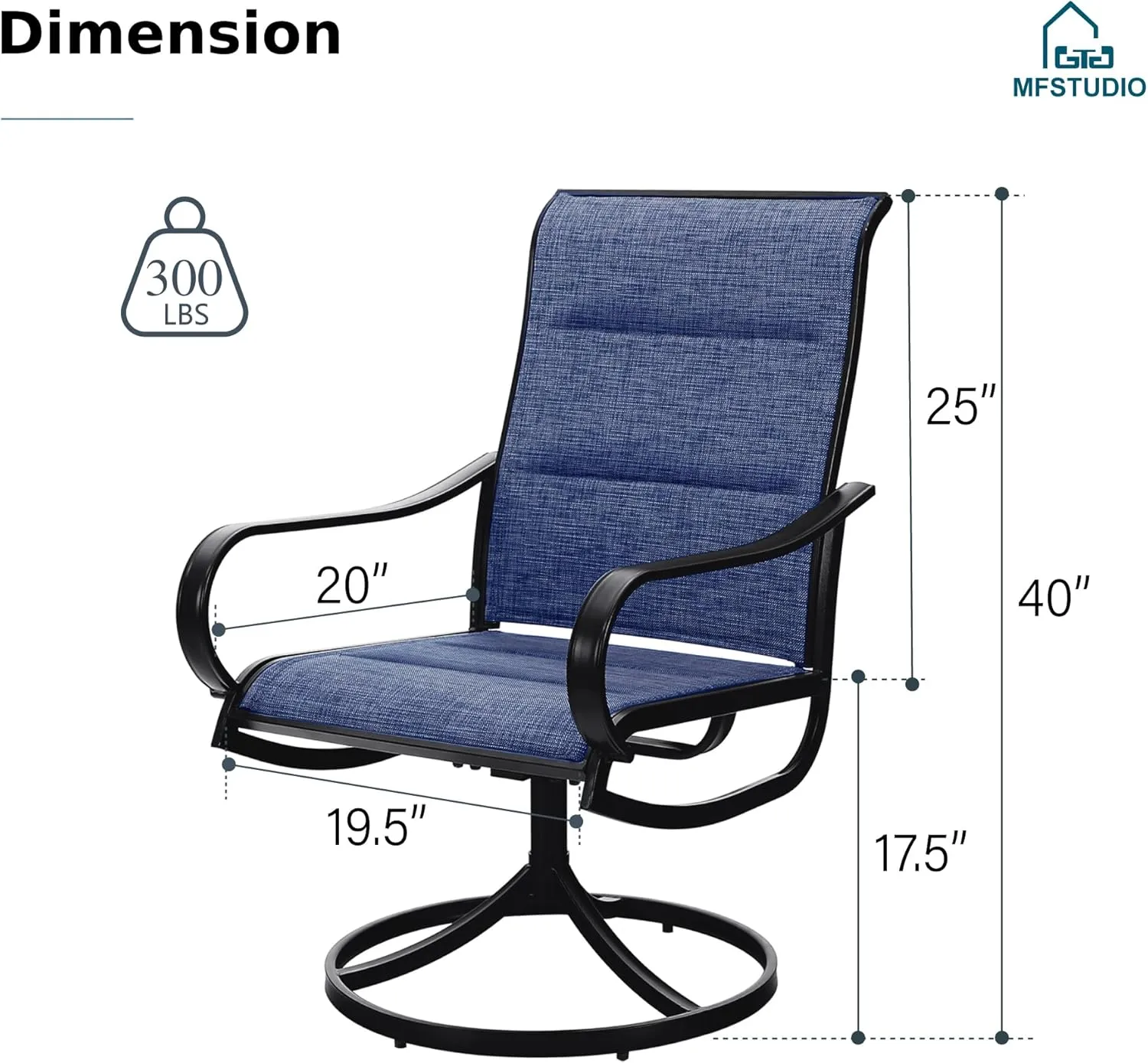 MFSTUDIO Outdoor Swivel Patio Dining Chairs Set of 4, High Back Padded Textilene Patio Chairs for Balcony, Backyad, Deck, Garden (Padded Navy Fabric,Black Frame)