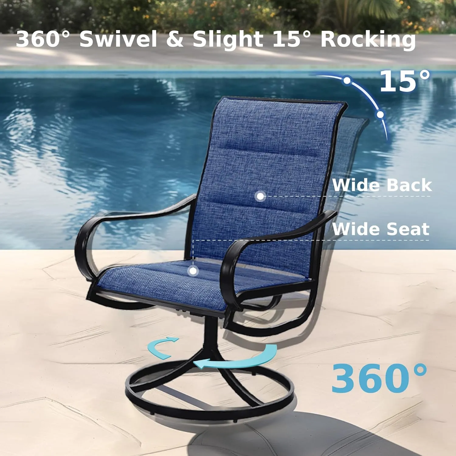 MFSTUDIO Outdoor Swivel Patio Dining Chairs Set of 4, High Back Padded Textilene Patio Chairs for Balcony, Backyad, Deck, Garden (Padded Navy Fabric,Black Frame)
