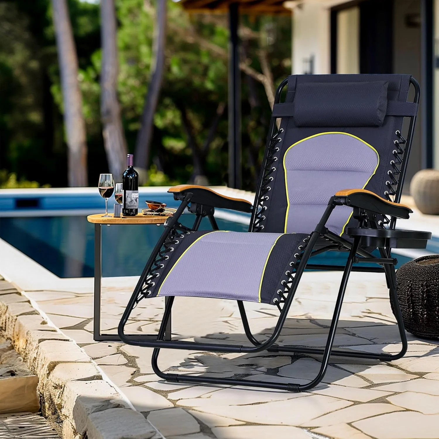 MFSTUDIO Zero Gravity Chairs, Oversized Patio Recliner Chair, Padded Folding Lawn Chair with Cup Holder Tray, Support 400lbs, Diamond Grey