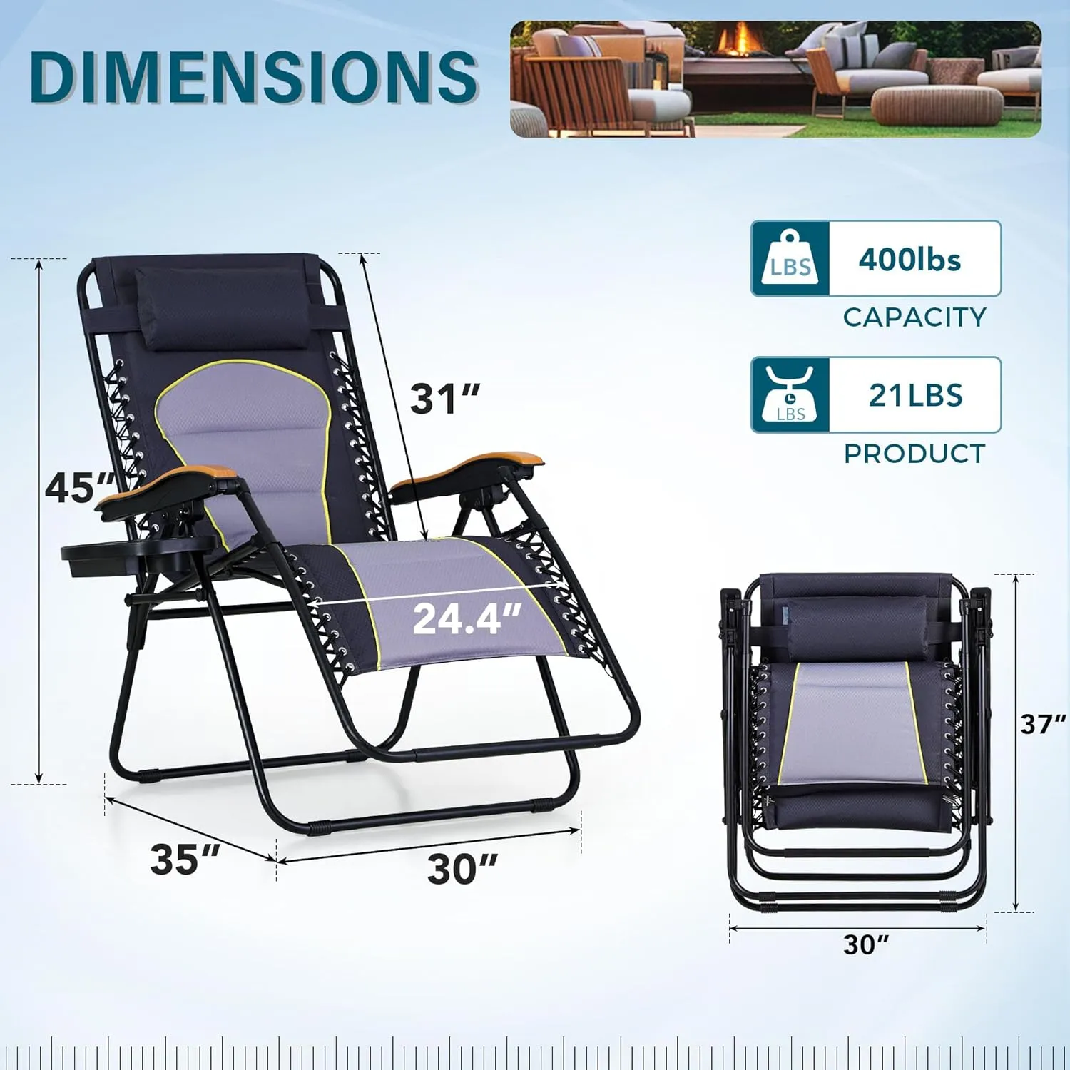 MFSTUDIO Zero Gravity Chairs, Oversized Patio Recliner Chair, Padded Folding Lawn Chair with Cup Holder Tray, Support 400lbs, Diamond Grey