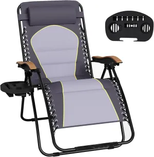 MFSTUDIO Zero Gravity Chairs, Oversized Patio Recliner Chair, Padded Folding Lawn Chair with Cup Holder Tray, Support 400lbs, Diamond Grey