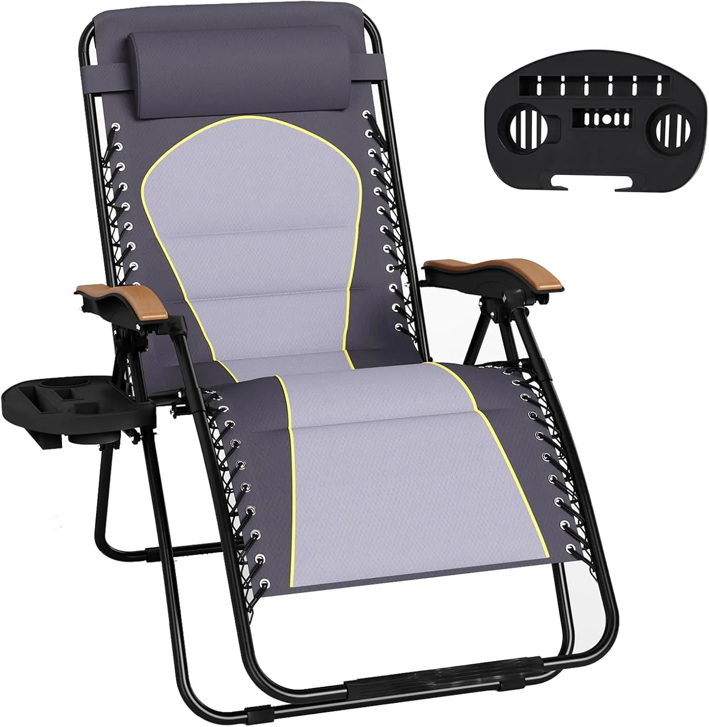 MFSTUDIO Zero Gravity Chairs, Oversized Patio Recliner Chair, Padded Folding Lawn Chair with Cup Holder Tray, Support 400lbs, Diamond Grey