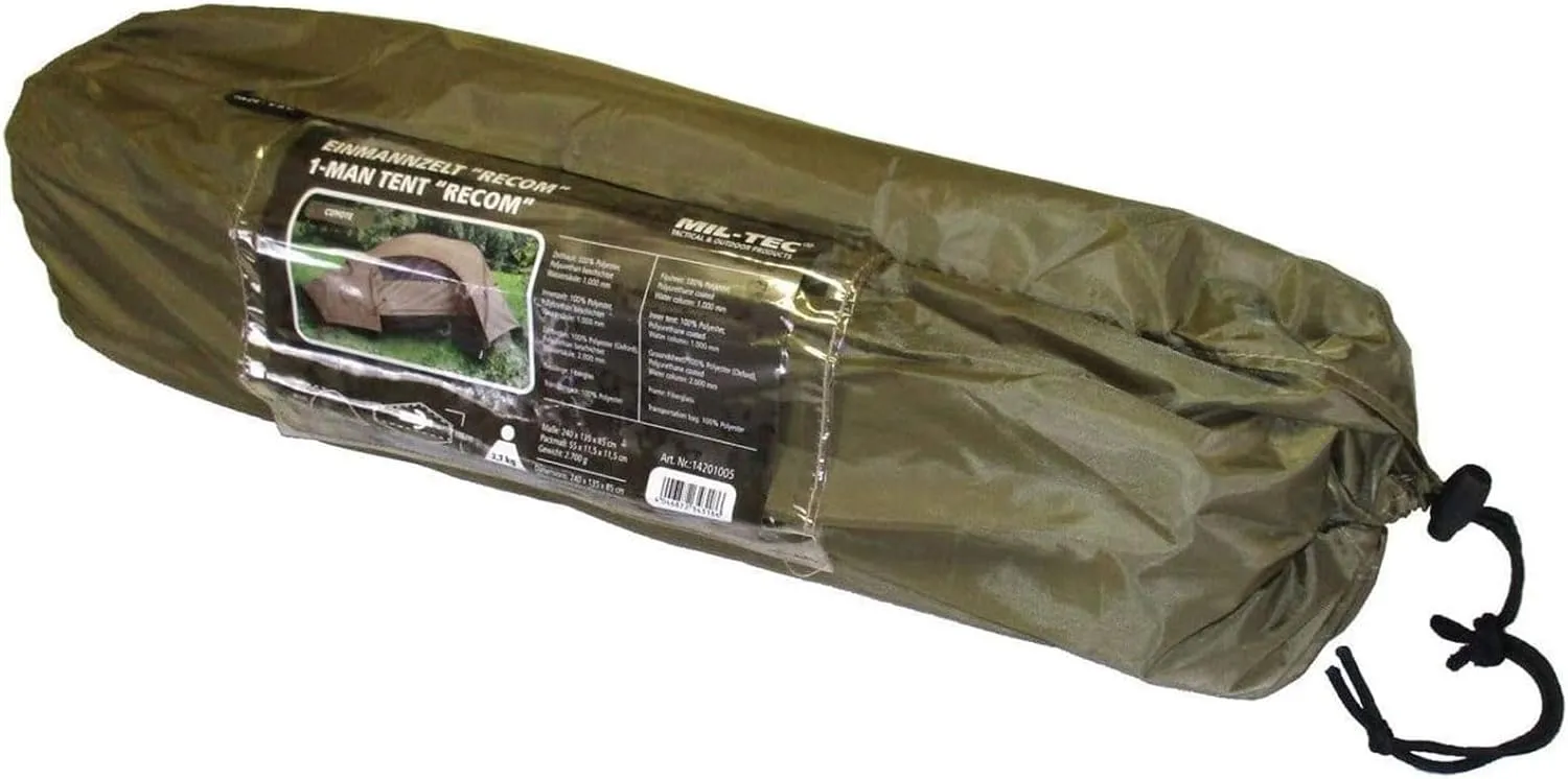 Mil-Tec Recom 1-Person Compact Lightweight Durable Weatherproof Wind & Storm-Resistant Easy-to-Install Tactical Outdoor Hiking Camping Tent with Zipper Entrance & Mosquito Net