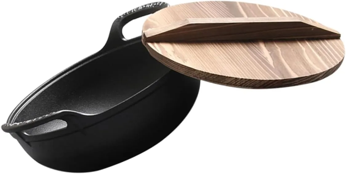 Milisten Cast Iron Skillet Non-stick Pot Camping Cooking Pot with Wood Lid 20cm Diameter