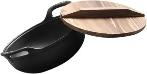 Milisten Cast Iron Skillet Non-stick Pot Camping Cooking Pot with Wood Lid 20cm Diameter