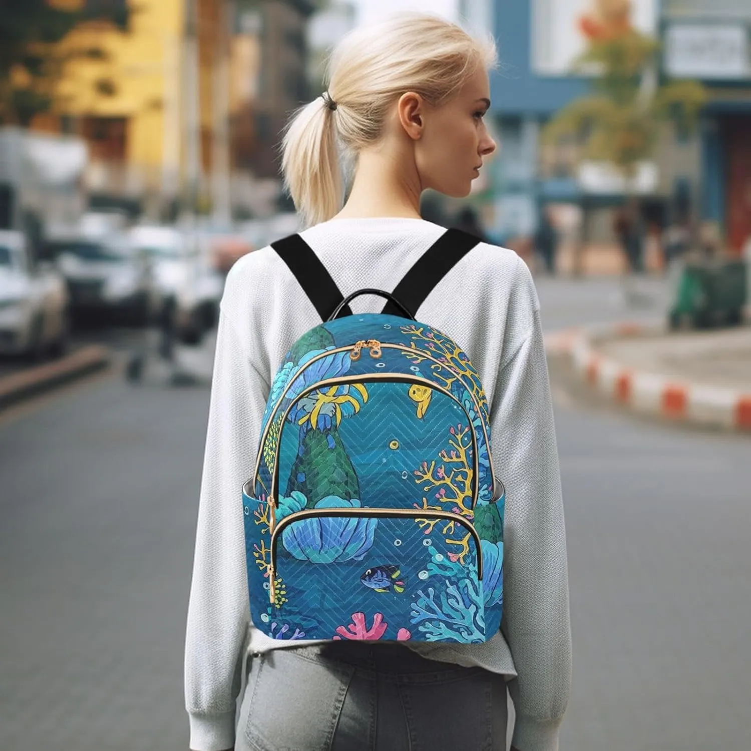 Mini Backpack Quilted Purse for Womens Small Backpack Daypack Coral Pattern for Travel Daily Work,Multi2
